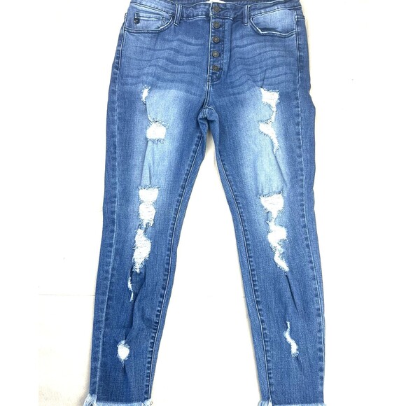 KanCan Denim - KanCan Button Fly Denim Jeans Women's XL Distressed Frayed Hem Blue High Rise